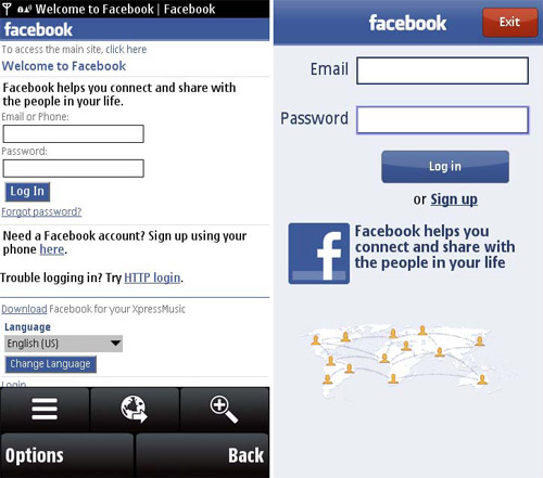Facebook является одним из сайтов на Web 2.0, предлагающие как мобильную версию браузера, так и расширенную версию клиента. Так выглядят обе версии на Nokia X6 с Symbian.