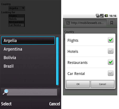 Symbian select lists offer a search box for all the options, and Android shows a beautiful modal pop-up.