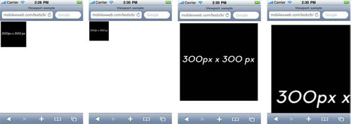 Одна и та же картинка 300×300 показана в Safari с настройками viewport по умолчанию, с viewport с шириной 1500px, при device-width scale=1.0, и при device-width scale=2.0.