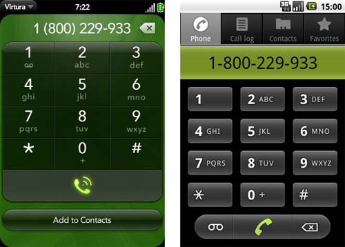 Когда активирована ссылка с параметром tel:, webOS от Palm и Android показывают диалоговое окно звонка