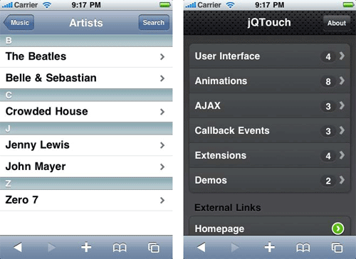 Используя простой код можно создавать прикольные эффекты в стиле iPhone, такие как изображены здесь. Сделано с использованием iUI (слева) и jQTouch (справа)
