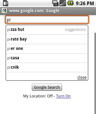 Автозаполнение на Google.com в устройствах на базе Android